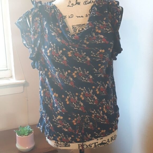 💫💫💫ANTHROPOLOGIE ODILLE BLUE FLORAL COWLNECK RUFFLE CAP SLEEVE TOP XS - Picture 1 of 5